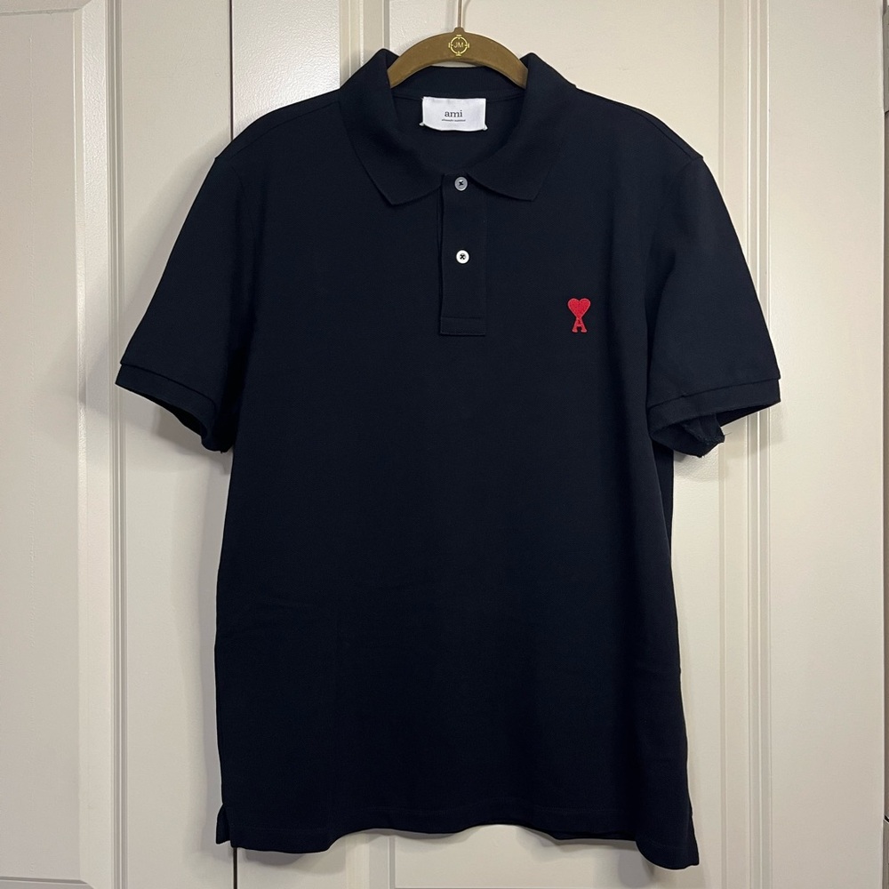 Ami Paris Dark Polo with Red Heart Emblem